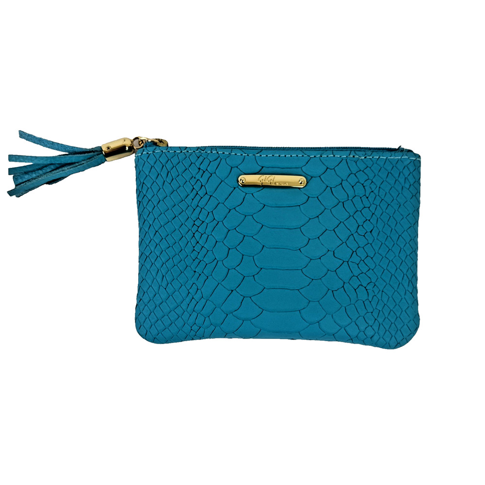 Gigi New York Embossed Leather Coin Purse Blue Teal Tassel Zip NWT python print